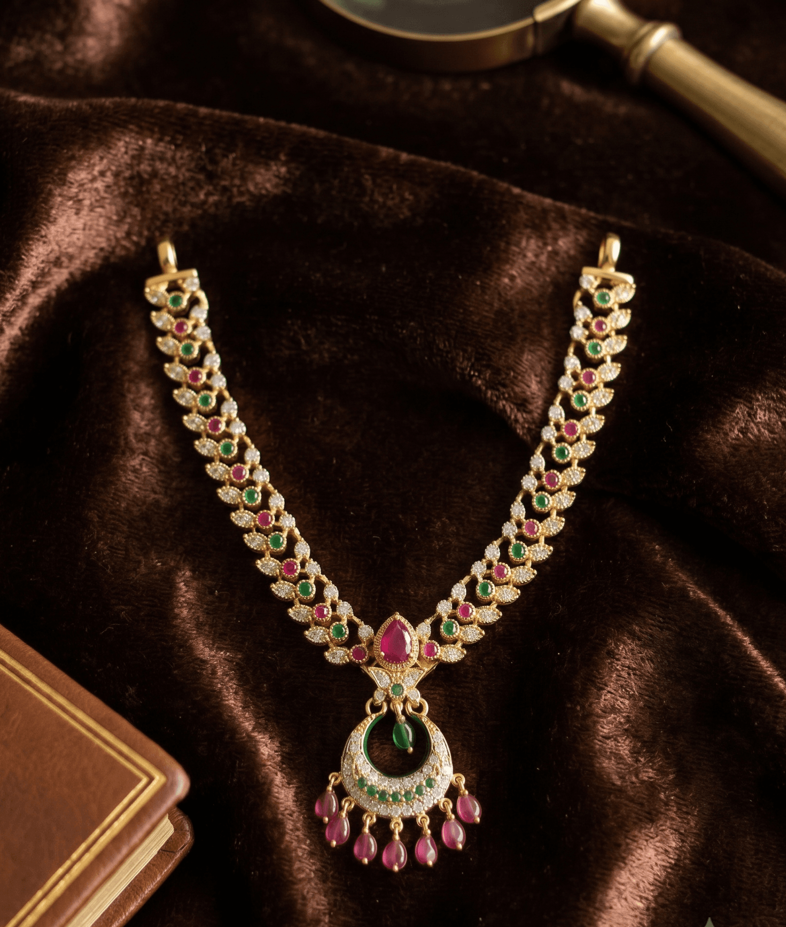 Handcrafted Gold-Plated AD & Pearl Crescent Pendant Deity Necklace for God Idols - Medium / Multi — image 1