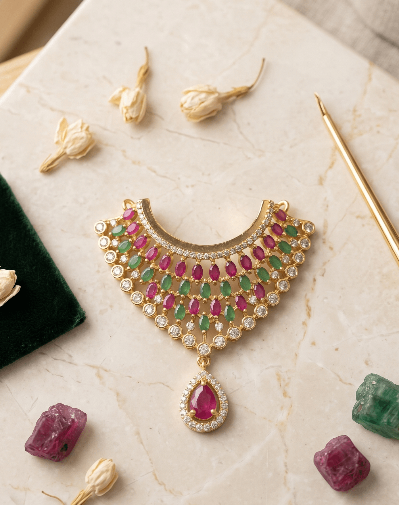 Handcrafted Gold-Plated Multi-Tiered Ruby & Emerald AD Deity Choker Necklace for God Idols — image 1