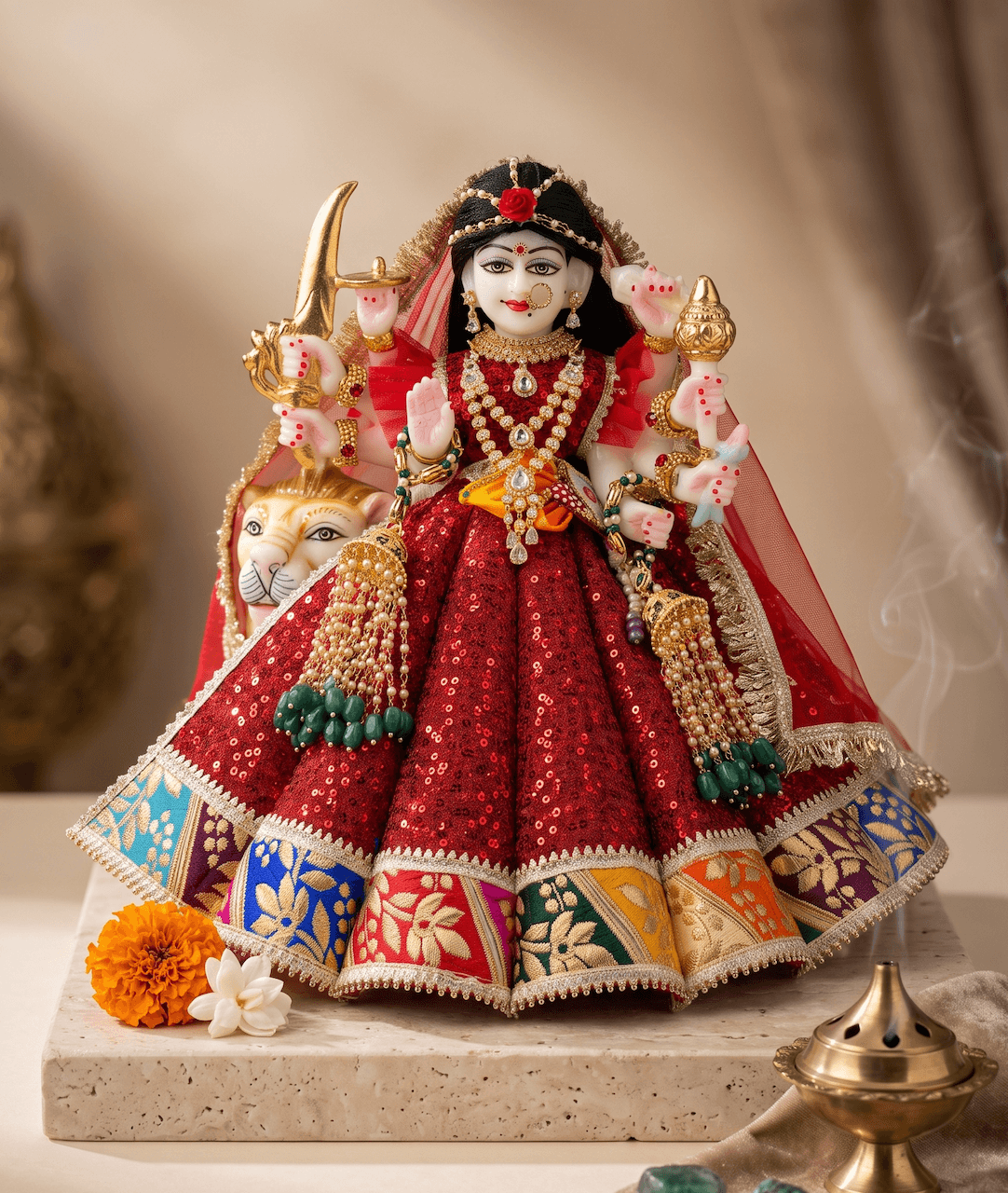 Handcrafted Sequin Net Poshak Set with Multi-Color Border & Matching Chunri for Mata Rani Idols — image 1