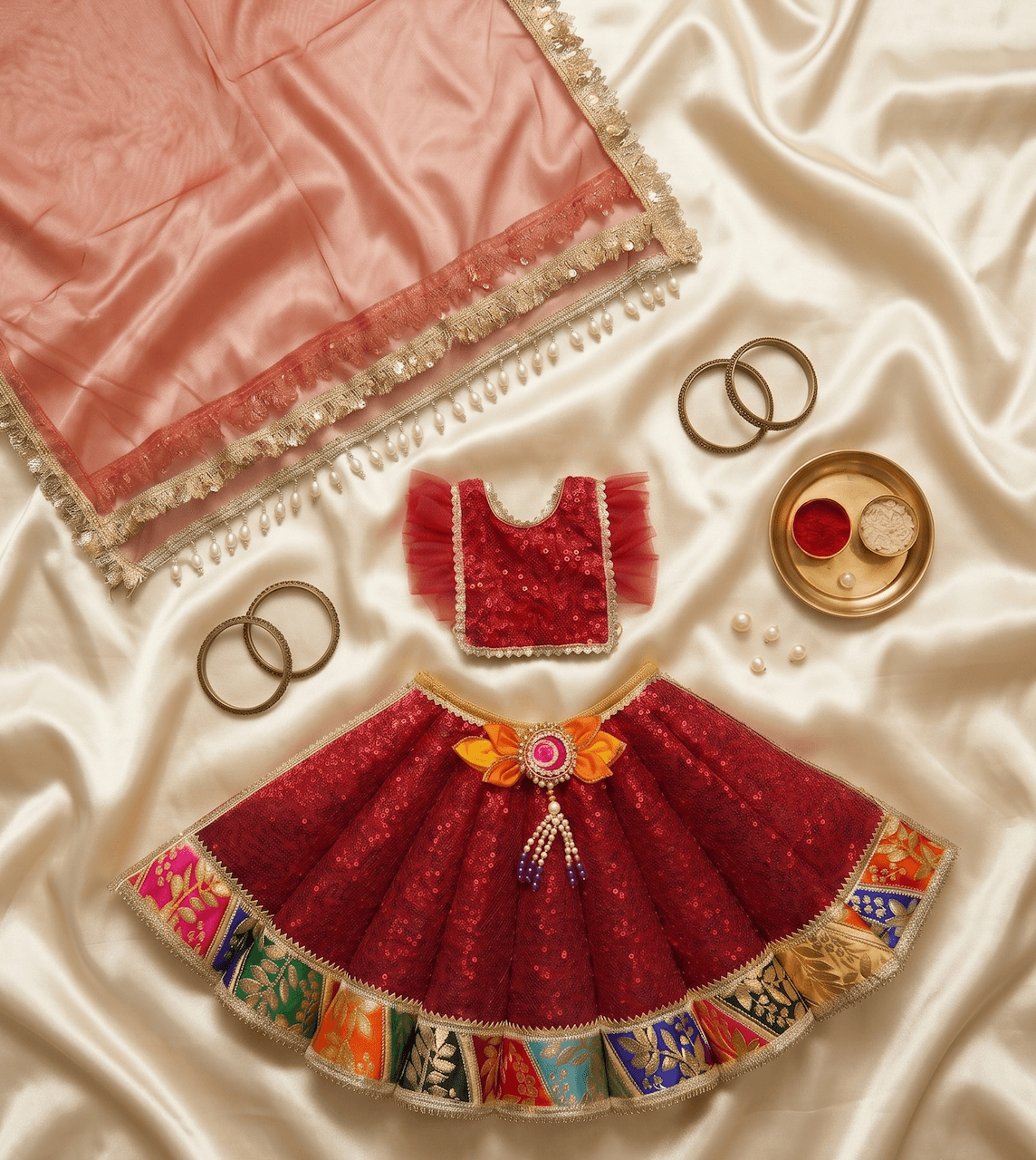 Handcrafted Sequin Net Poshak Set with Multi-Color Border & Matching Chunri for Mata Rani Idols — image 2