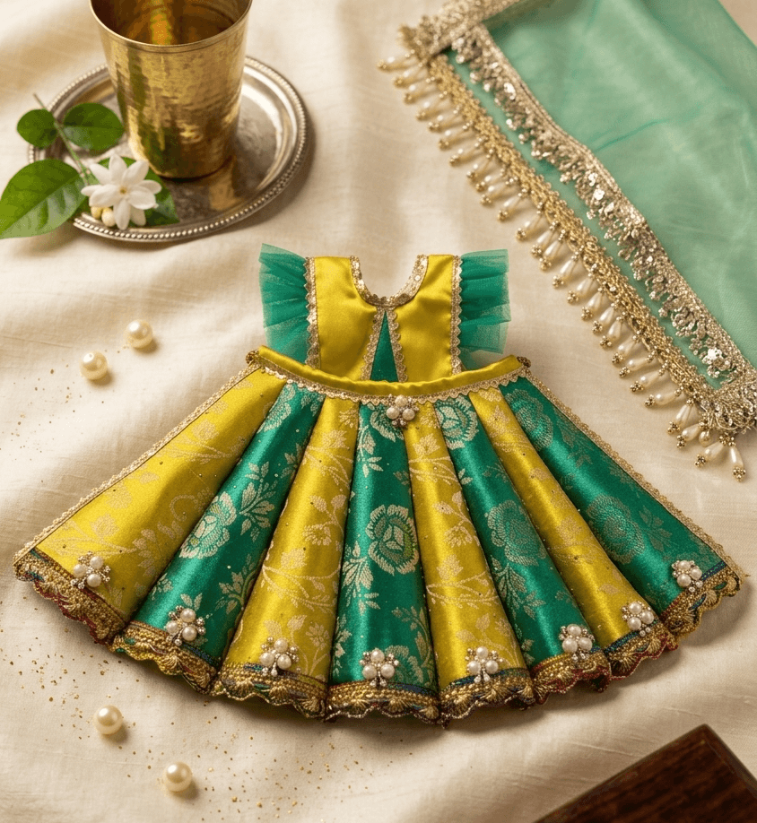 The Sacred Lime & Emerald Handcrafted Brocade Poshak Set for Maa Durga — image 1