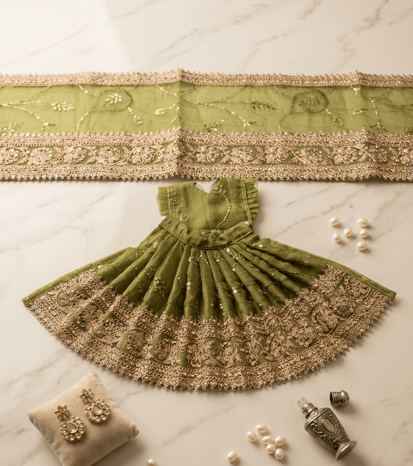 Handcrafted Silk Mata Rani Poshak Set with Heavy Lace & Chunri — image 1
