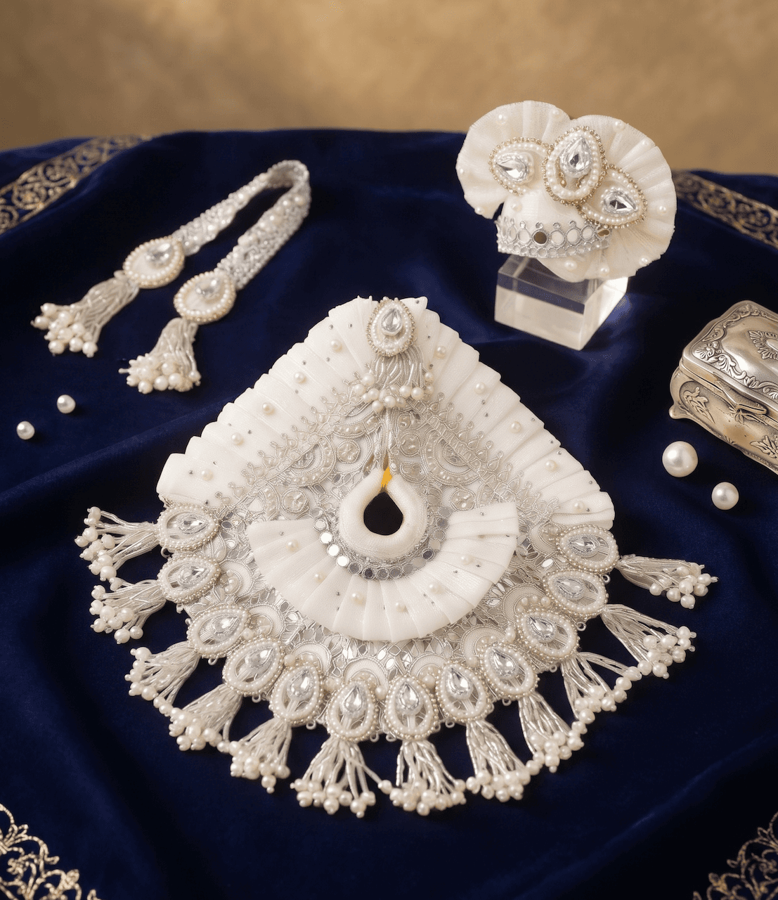 Handcrafted Pure White Pleated Silk & Pearl Poshak Set with Matching Mukut & Stole — image 2