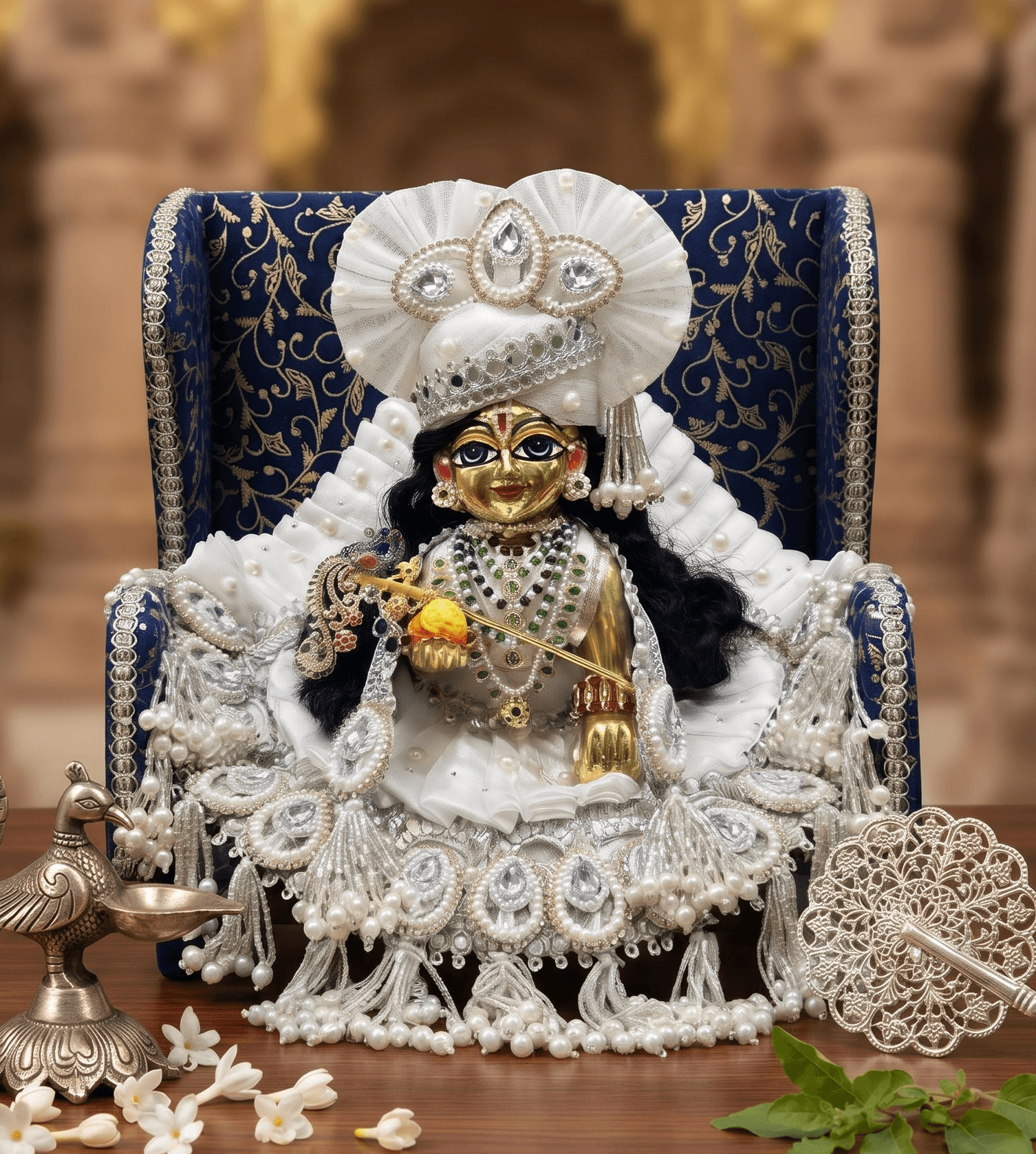 Handcrafted Pure White Pleated Silk & Pearl Poshak Set with Matching Mukut & Stole
