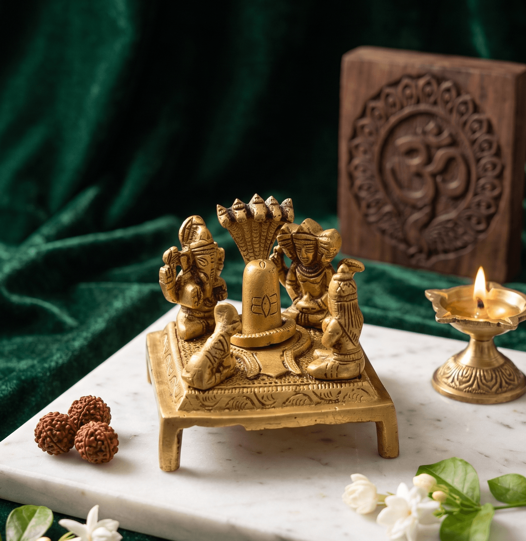 Handcrafted Ashtadhatu Brass Shiva Parivar Shivling Set on Carved Chowki for Home Mandir — image 1