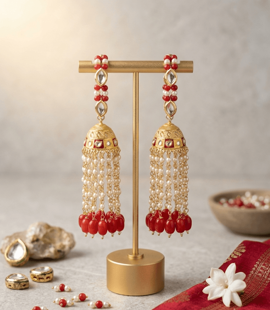 Traditional Kundan & Meenakari Kalire Set for Maa Durga & Radha Rani Idol - Red — image 1
