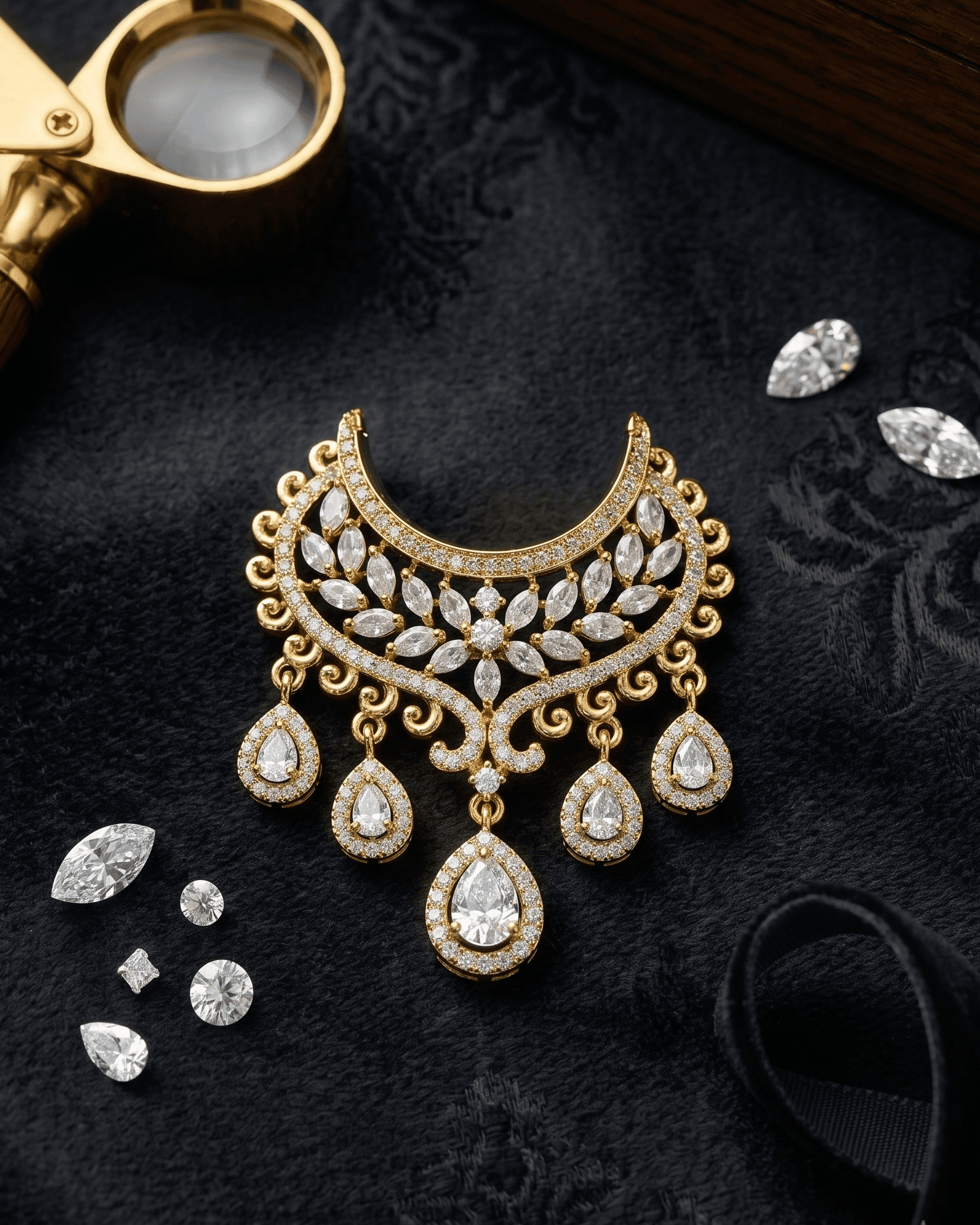 Handcrafted Gold-Plated AD & Gemstone Crescent Deity Choker Necklace for God Idols - White — image 1