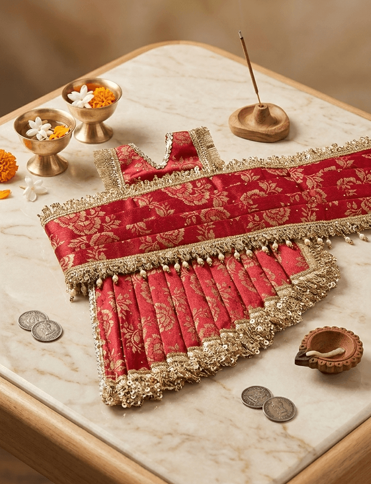 The Sacred Brocade Handcrafted Drape Saree Set for Maa Durga - 7 Inch / Red — image 1