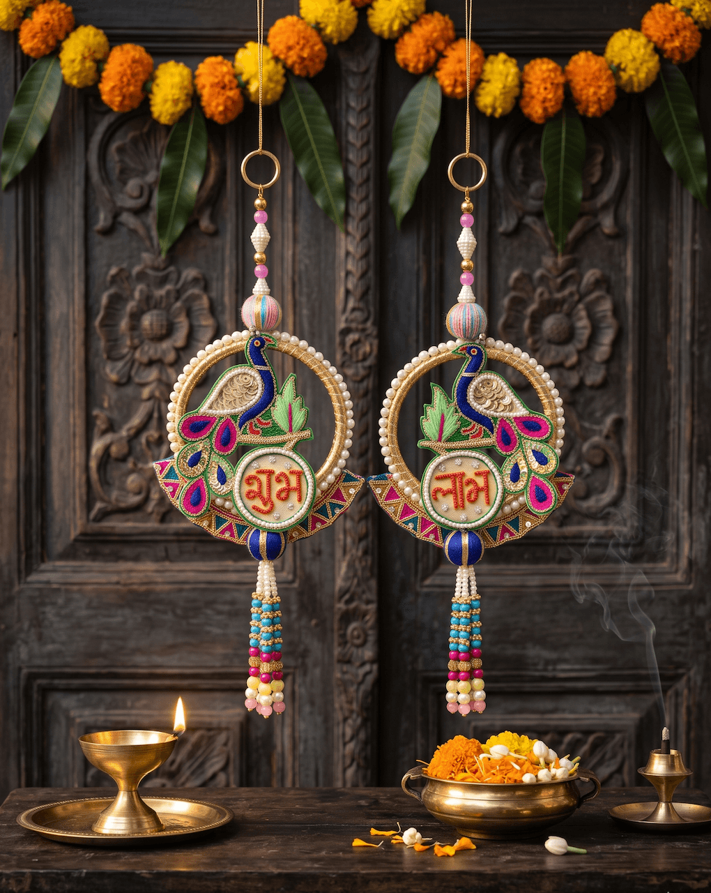 Handcrafted Peacock Motif Shubh Labh Hanging Latkan Pair with Pearl Borders, Silk Threadwork & Multi-Colored Beaded Tassels for Main Door Entrance, Diwali & Mandir Decor — image 1