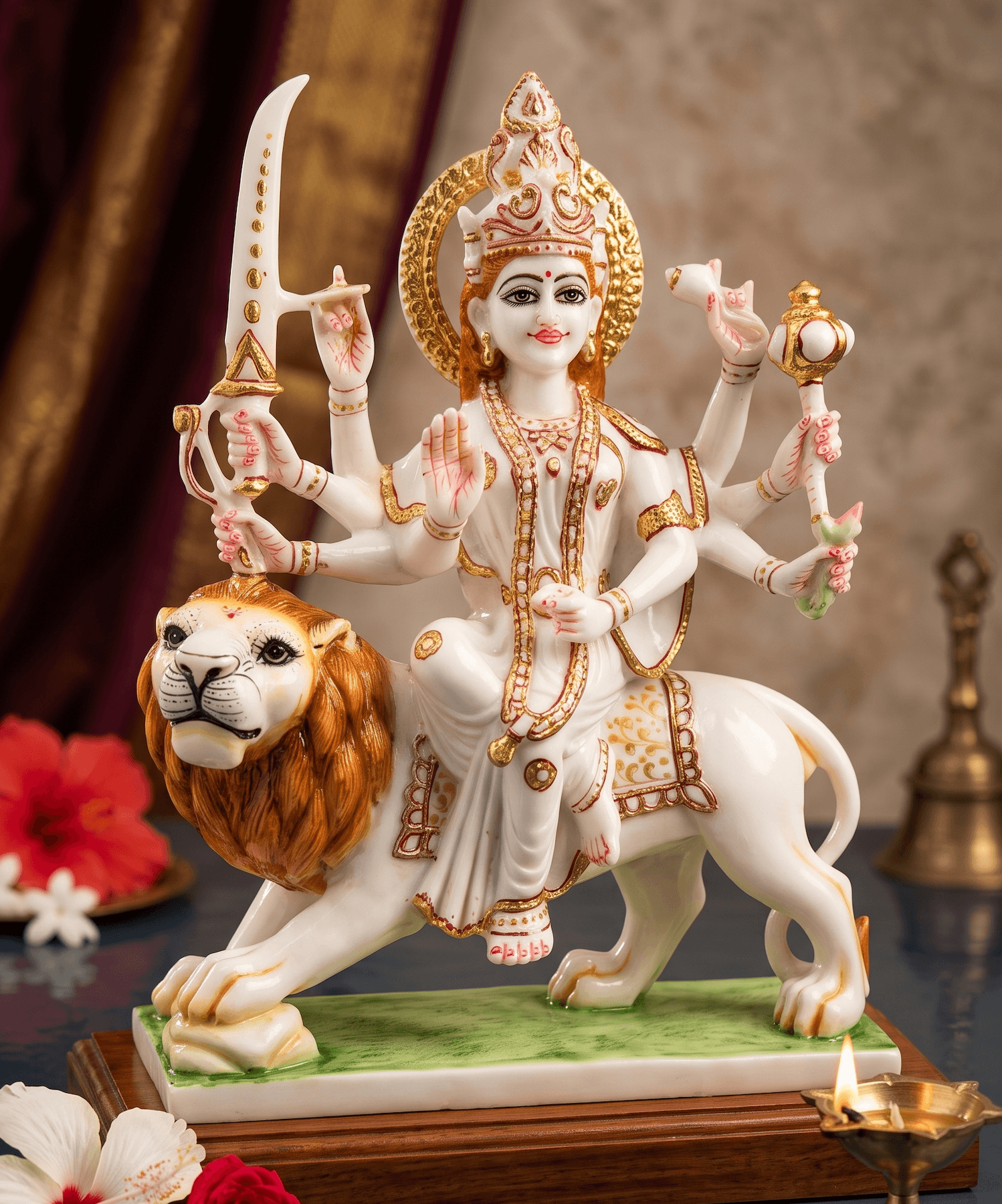 The Sacred White Marble Finish Maa Durga Idol with Ornate Gold Detailing - 12 Inch — image 1