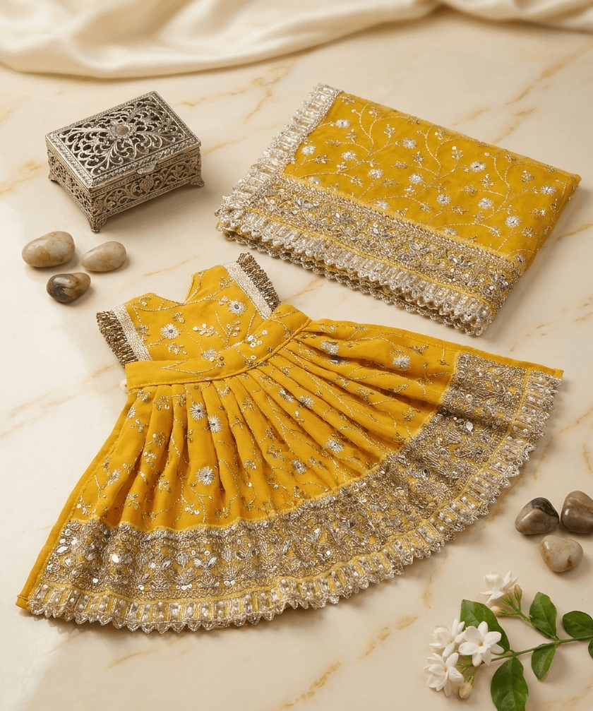 Handcrafted Organza & Silk Mata Rani Poshak Set with Zari Embroidery & Matching Chunri - 7 Inch / Yellow — image 1