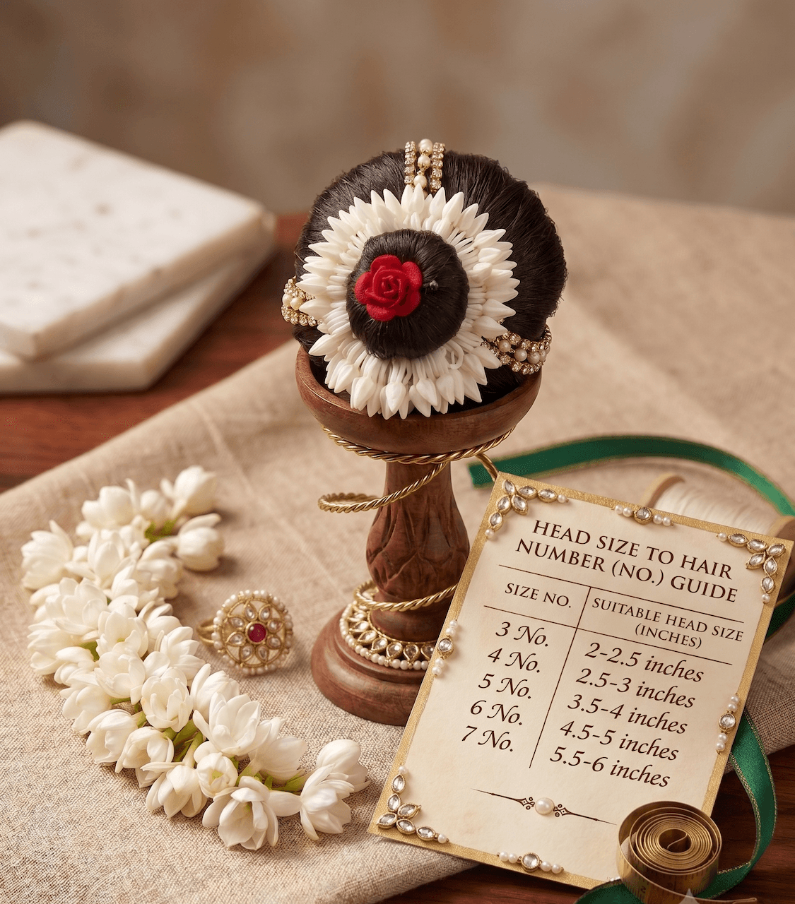 Handcrafted Mogra Gajra Hair Juda Shringaar with Pearl Matha Patti & Rose Accent for Radha Rani & Goddess Idols — image 3