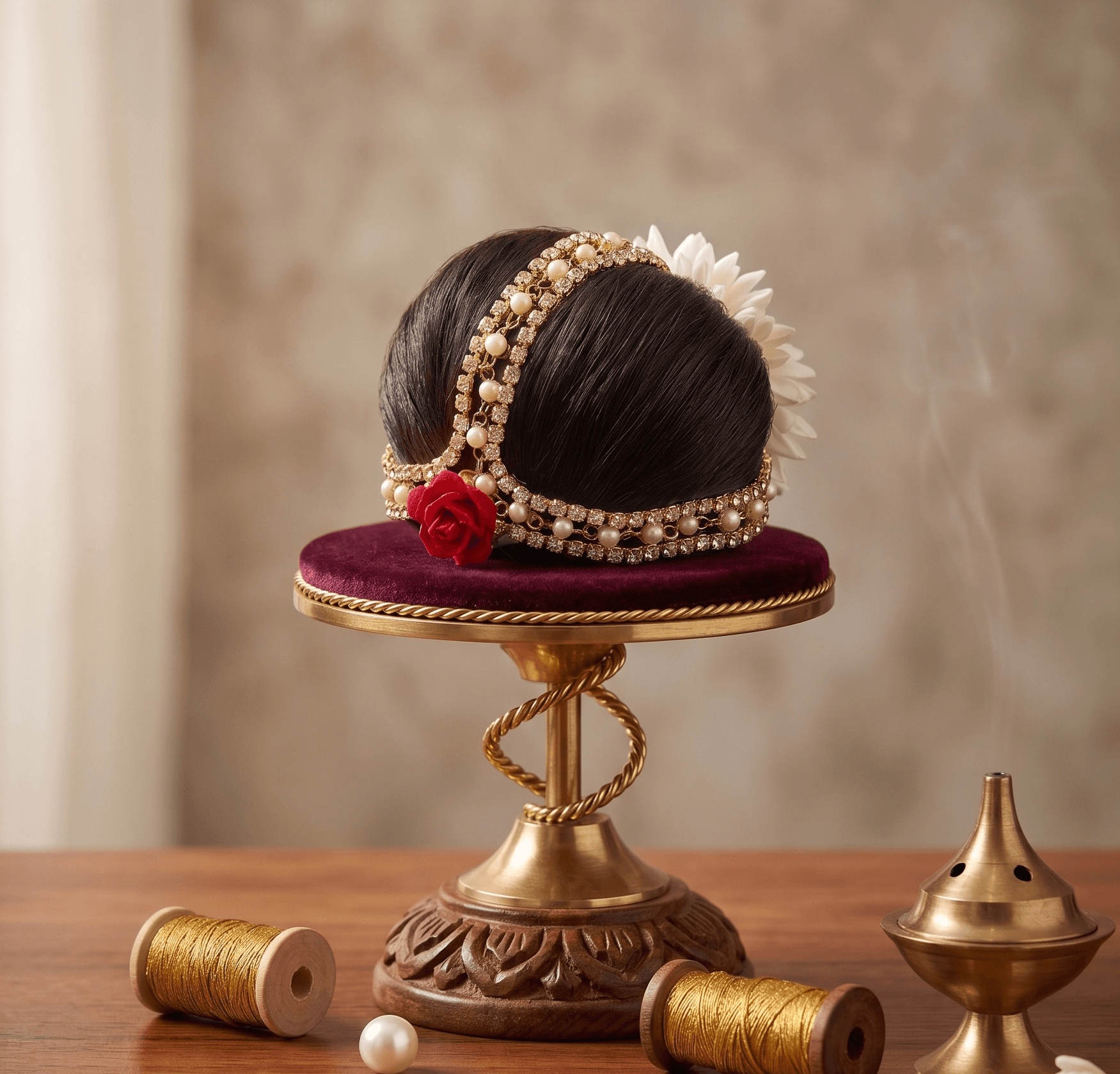 Handcrafted Mogra Gajra Hair Juda Shringaar with Pearl Matha Patti & Rose Accent for Radha Rani & Goddess Idols — image 2