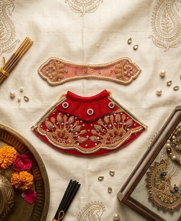 Handcrafted Crimson Red Zardozi & Pearl Mata Rani Poshak Set — image 1