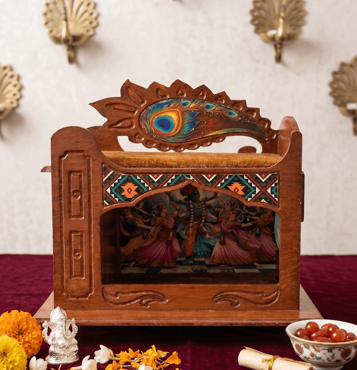 Handcrafted 2-Tier Wooden Temple Singhasan/ Mini Haveli with Carved Peacock Feather Crown for Laddu Gopal & Radha Rani