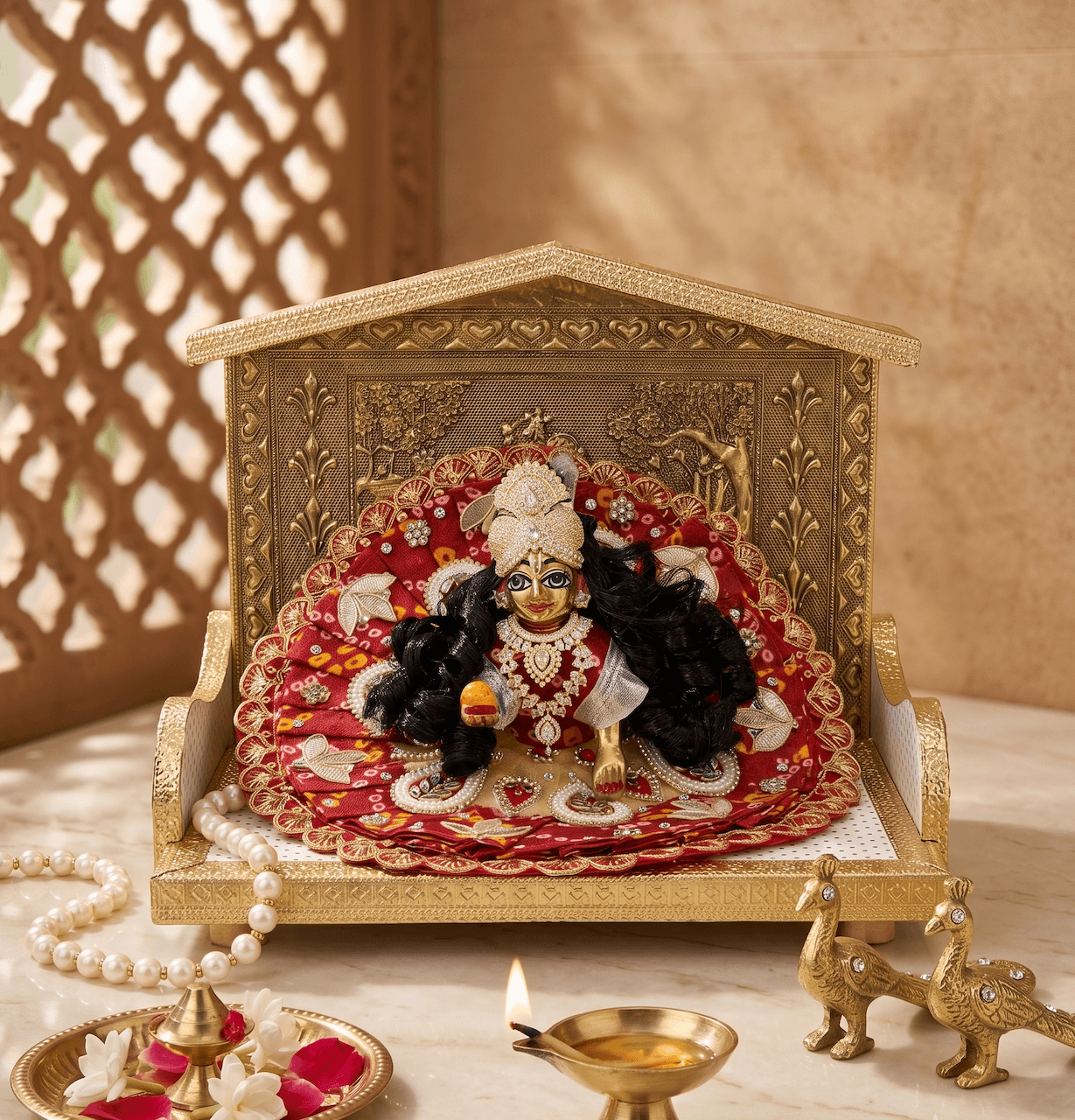 Vibrant Crimson Red & Cream Bandhani Silk Poshak with Pearl Kundan Paisley Work for Laddu Gopal — image 1
