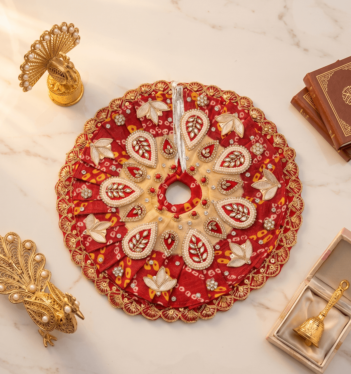 Vibrant Crimson Red & Cream Bandhani Silk Poshak with Pearl Kundan Paisley Work for Laddu Gopal — image 2