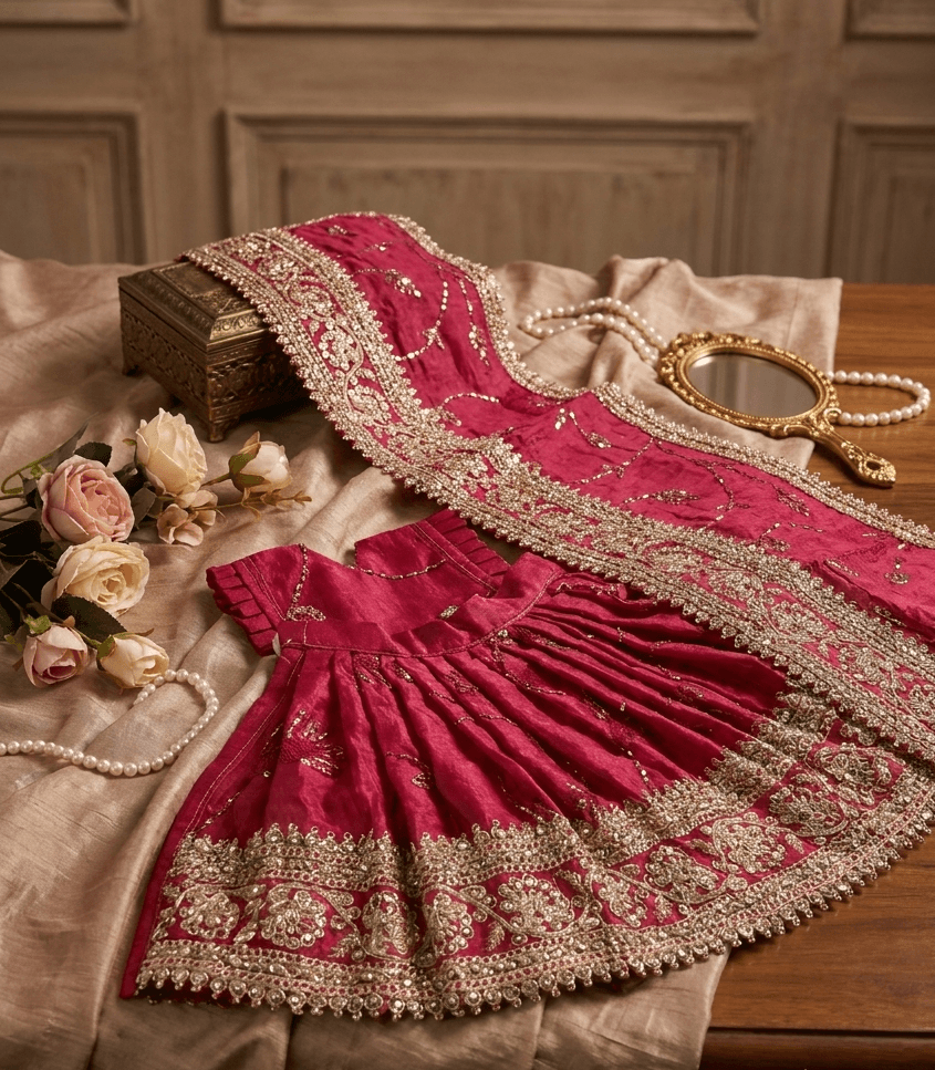 Handcrafted Silk Mata Rani Poshak Set with Heavy Lace & Chunri - 9 Inch / Rani Pink — image 1