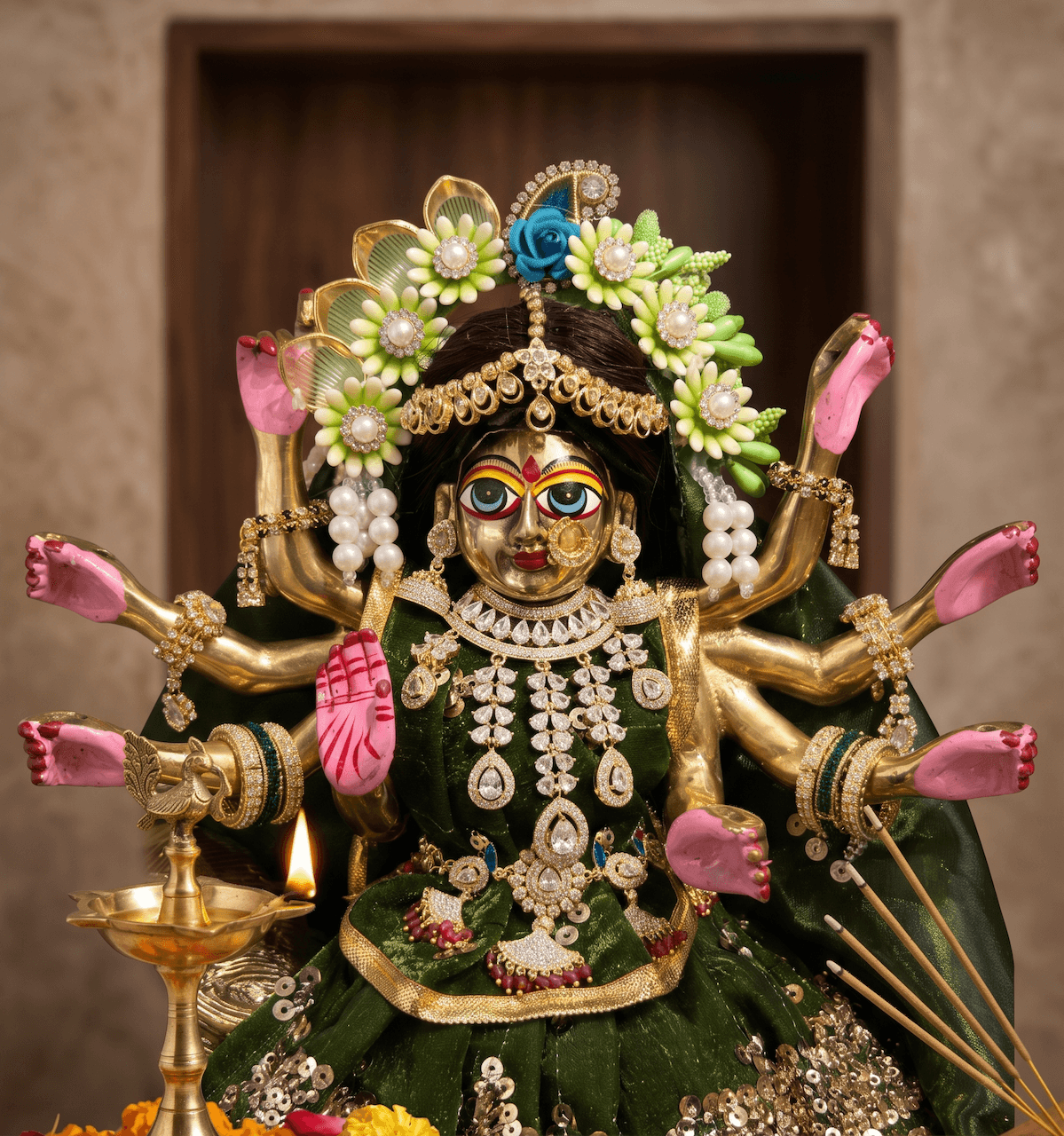 Handcrafted American Diamond (AD) Deity Hasli with Cascading Tear Drops - Blue — image 3