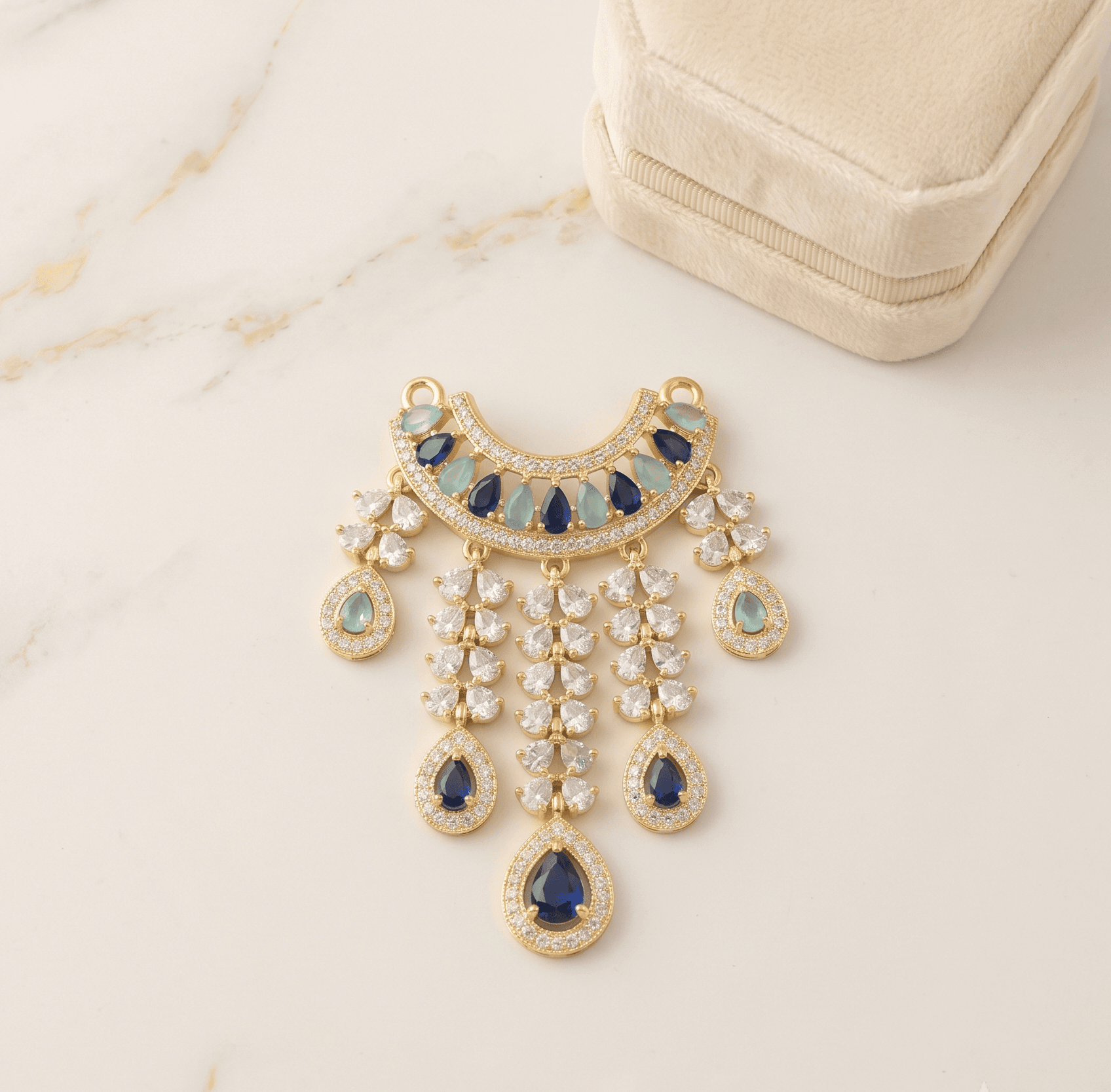 Handcrafted American Diamond (AD) Deity Hasli with Cascading Tear Drops - Blue — image 1