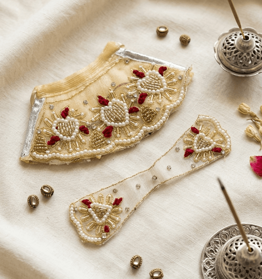 Handcrafted Beige Net Pearl & Zardozi Embroidered Mata Rani Poshak Set — image 1