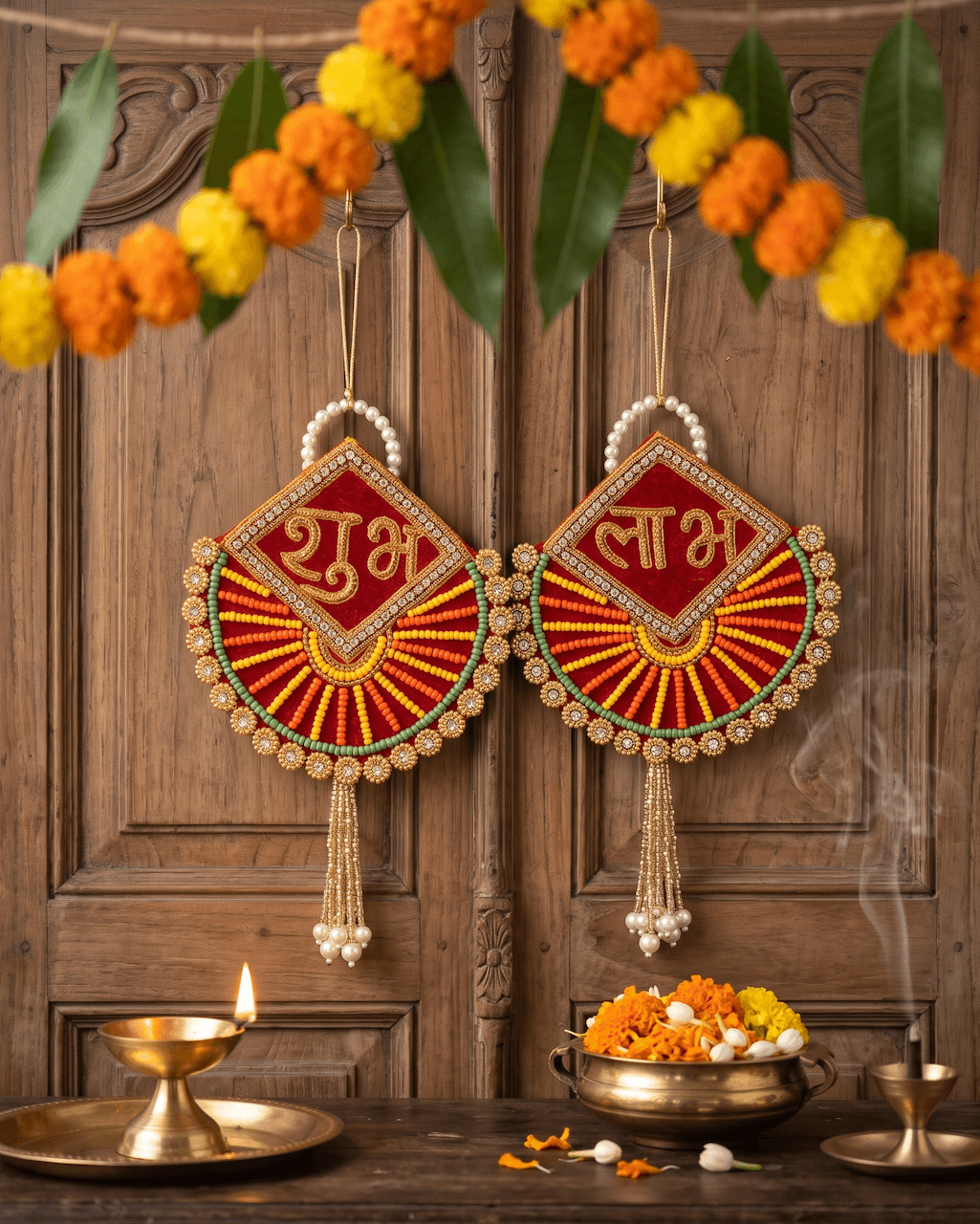 Handcrafted Crimson Red Velvet & Yellow Beaded Sunburst Shubh Labh Hanging Latkan Pair with Gold Calligraphy, Pearl Scallop Border & Tassels for Main Door Entrance, Diwali & Mandir Decor — image 1