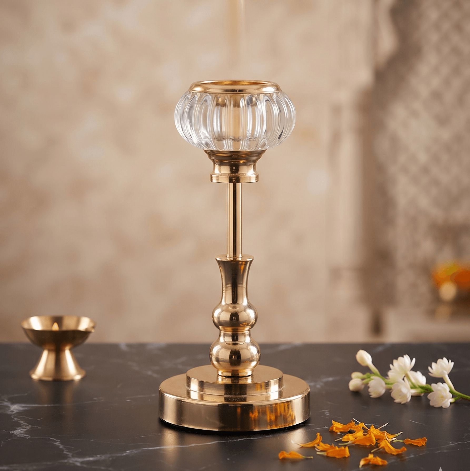 Handcrafted Brass & Fluted Glass Pillar Candle Holder Stand — image 2