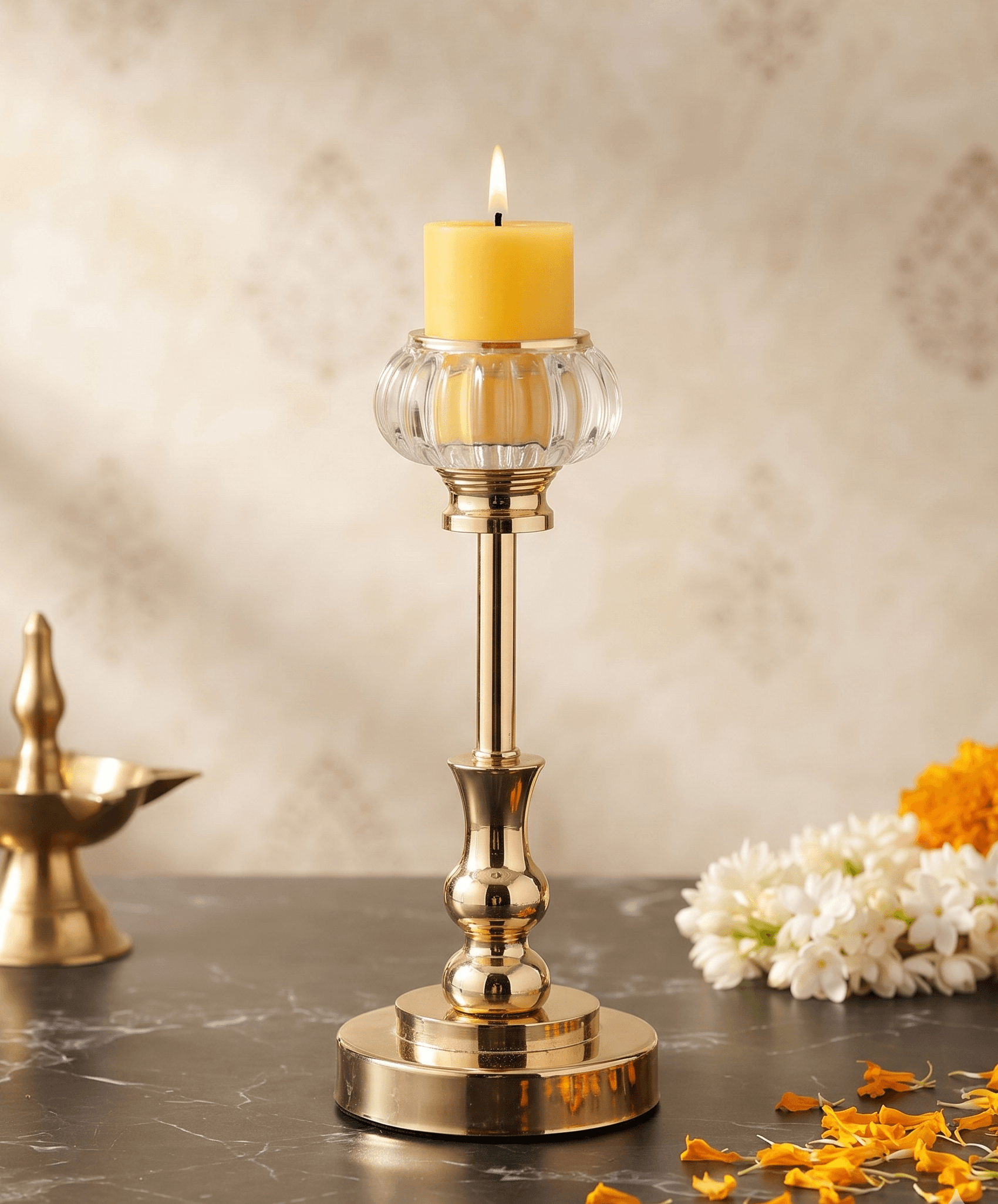 Handcrafted Brass & Fluted Glass Pillar Candle Holder Stand — image 1
