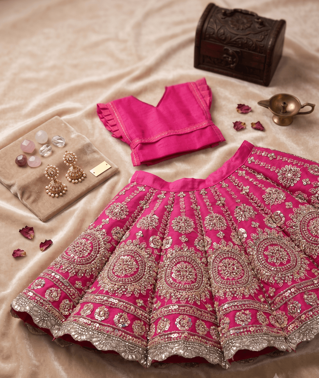 Handcrafted Net Zardozi & Sequin Mata Rani Poshak Set - 7 Inch / Rani Pink — image 1