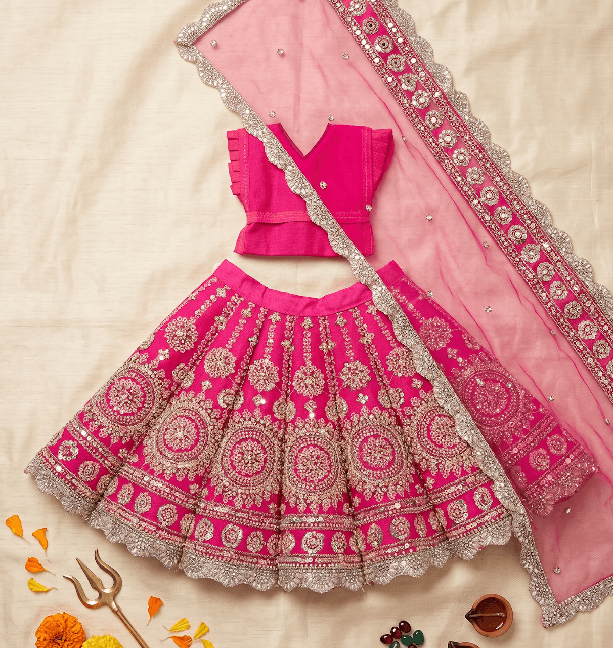 Handcrafted Net Zardozi & Sequin Mata Rani Poshak Set - 7 Inch / Rani Pink — image 2
