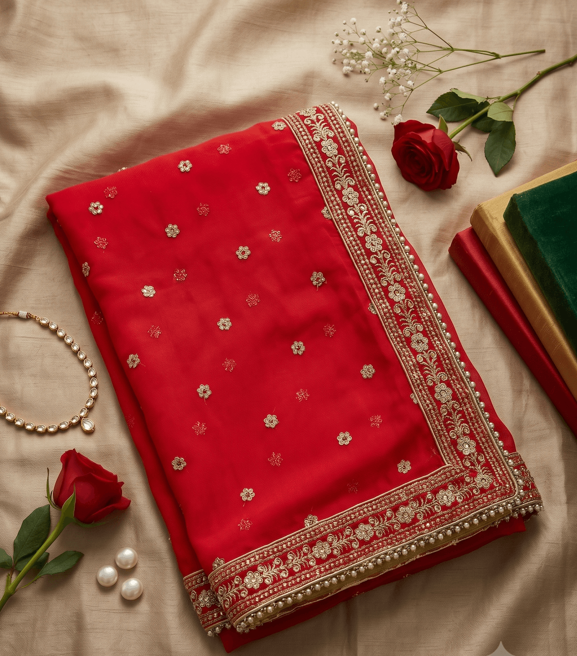 Handcrafted 2.5-Meter Festive Red Dupatta with Zari Embroidery & Pearl Beaded Border — image 1