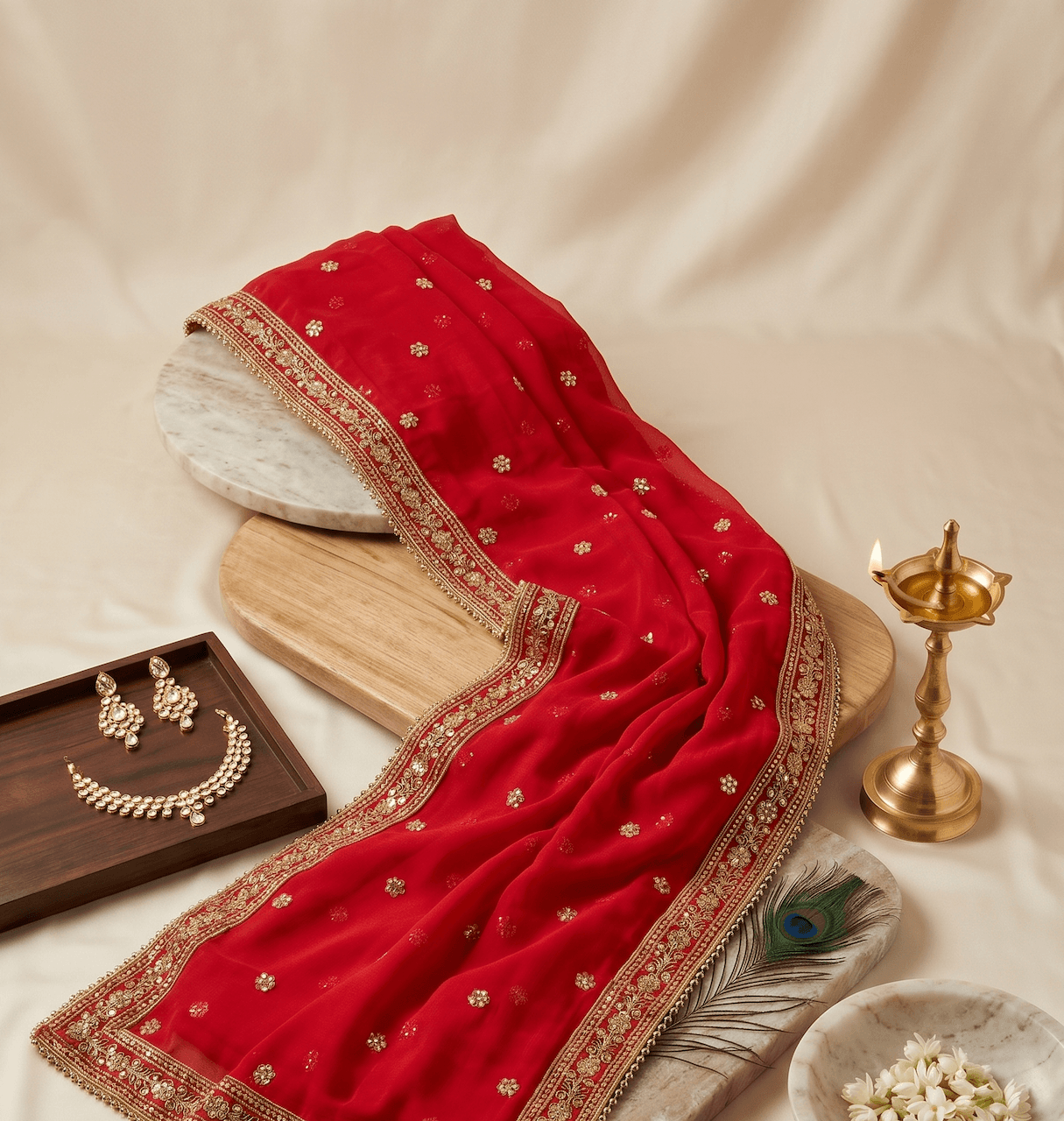 Handcrafted 2.5-Meter Festive Red Dupatta with Zari Embroidery & Pearl Beaded Border — image 2