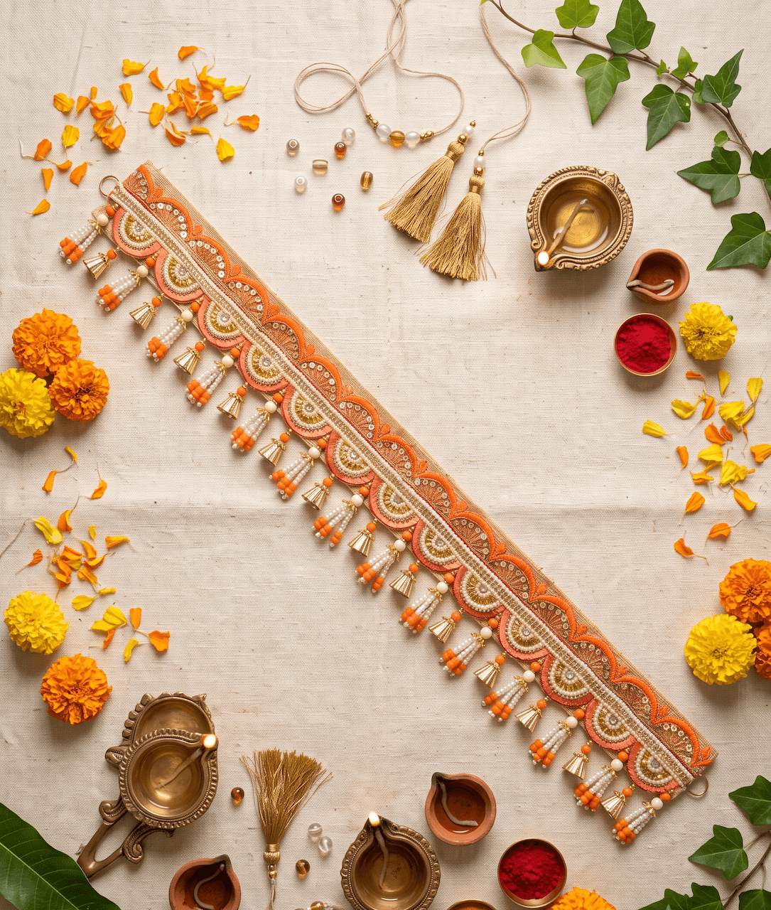 Handcrafted Orange & Gold Scalloped Jhumki Door Toran / Bandhanwar — image 1