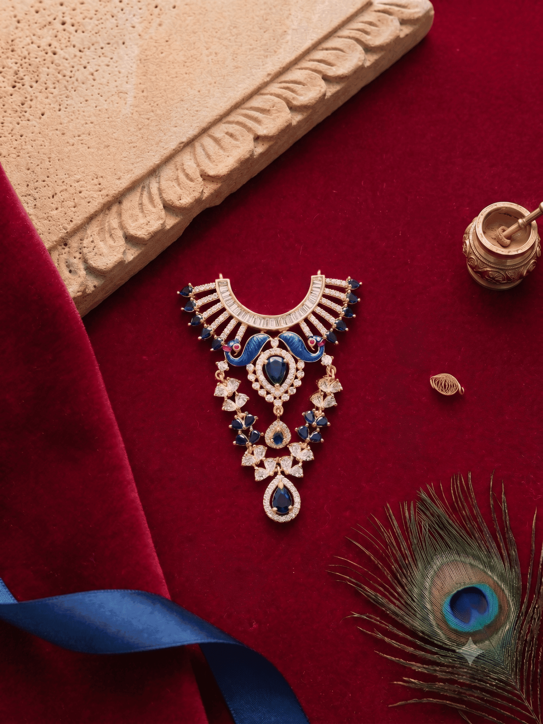 The Imperial Mayur: Designer Blue Enamel & CZ Diamond Deity Haar
