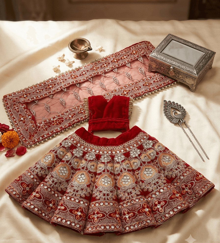 Deep Red Velvet Zardozi & Sequin Embroidered Maa Durga Dress Set with Pearl Chunari — image 1