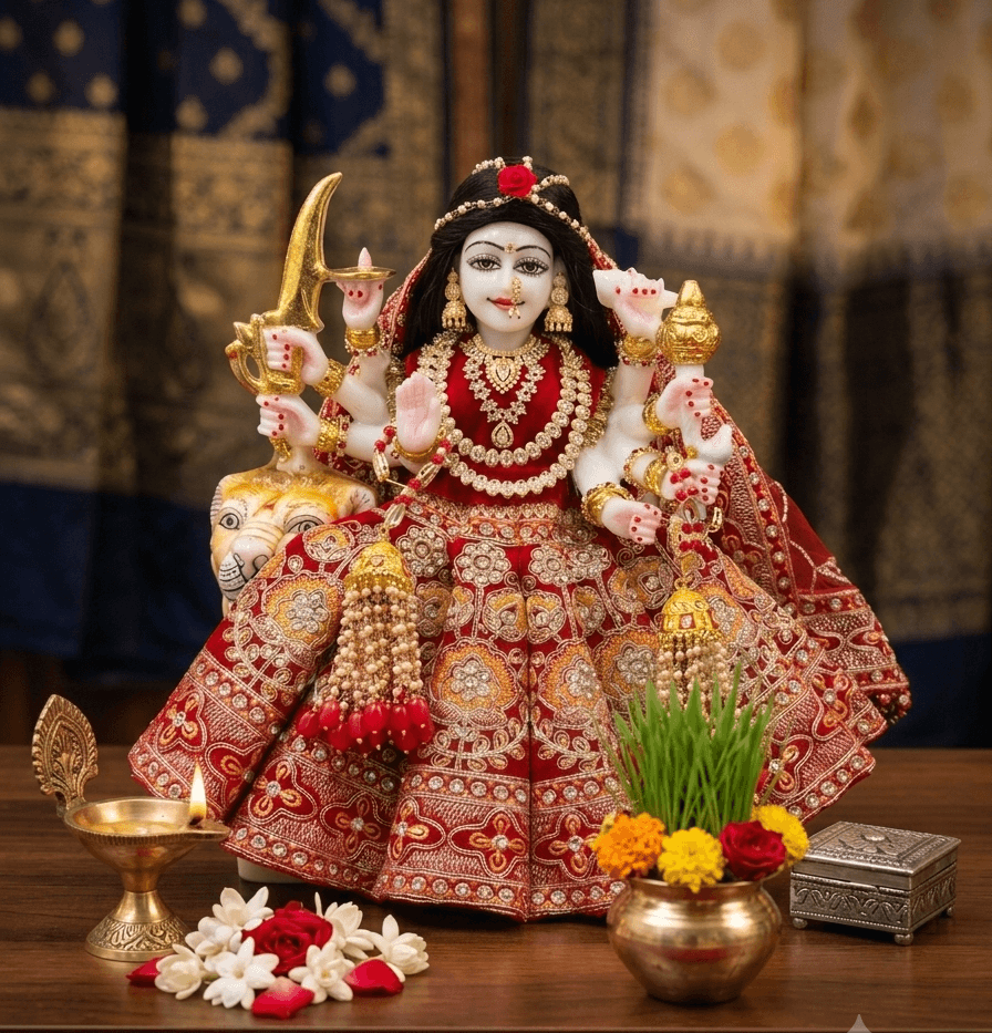 Deep Red Velvet Zardozi & Sequin Embroidered Maa Durga Dress Set with Pearl Chunari — image 2