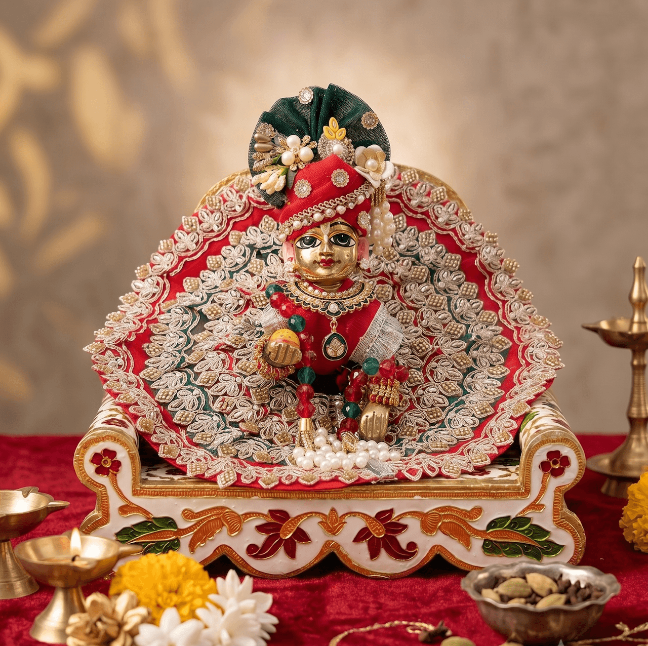 Handcrafted Red & Emerald Green Heavy Zari Moti Poshak with Designer Floral Pagri for Laddu Gopal