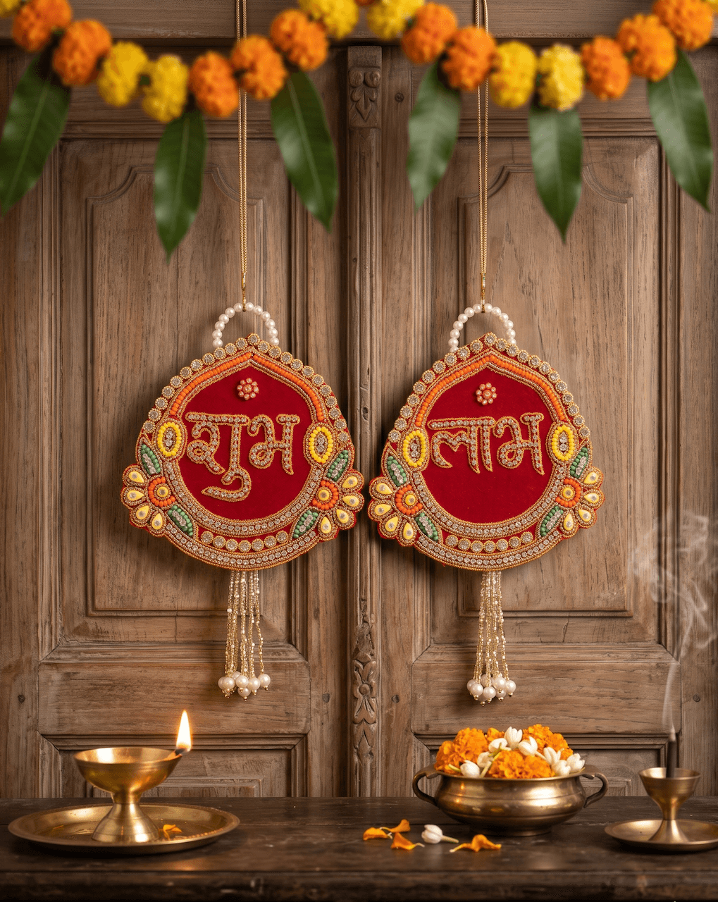 Artisan-Crafted Red Velvet Arch Medallion Shubh Labh Hanging Latkan Set for Door & Wall Decor — image 1