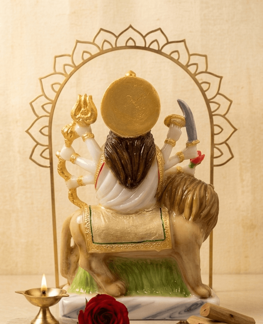 8-Inch Marble Dust Maa Durga Idol with Gold Crown & Lion — image 2