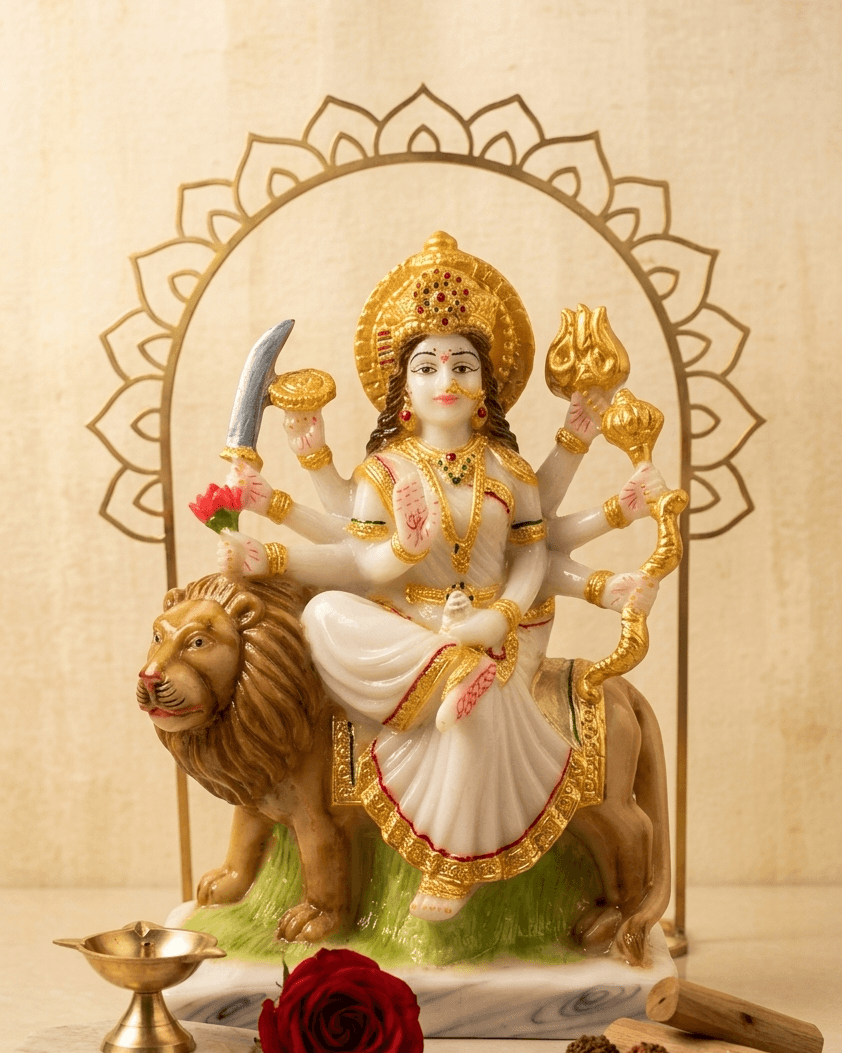 8-Inch Marble Dust Maa Durga Idol with Gold Crown & Lion — image 1