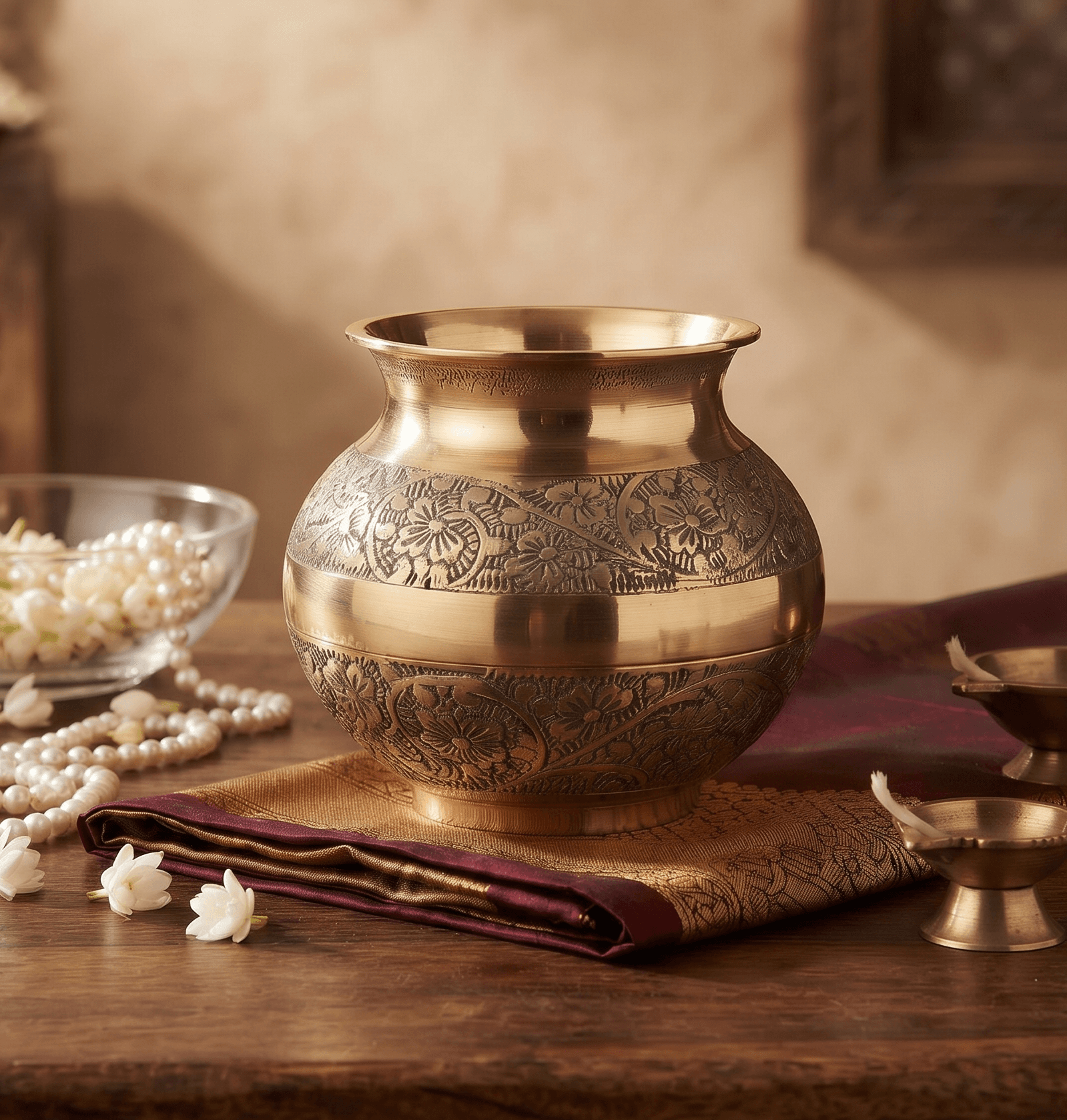 Hand-Engraved Floral Brass Pooja Kalash Lota — image 1