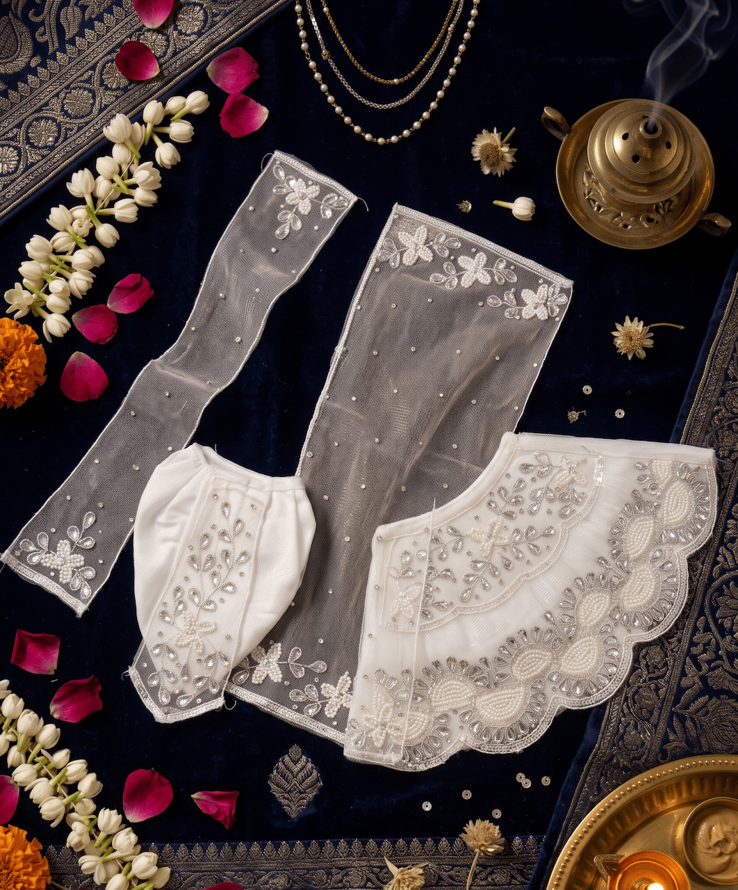 Handcrafted Pure White Pearl & Sequined Net Dual Deity Poshak Set — image 2
