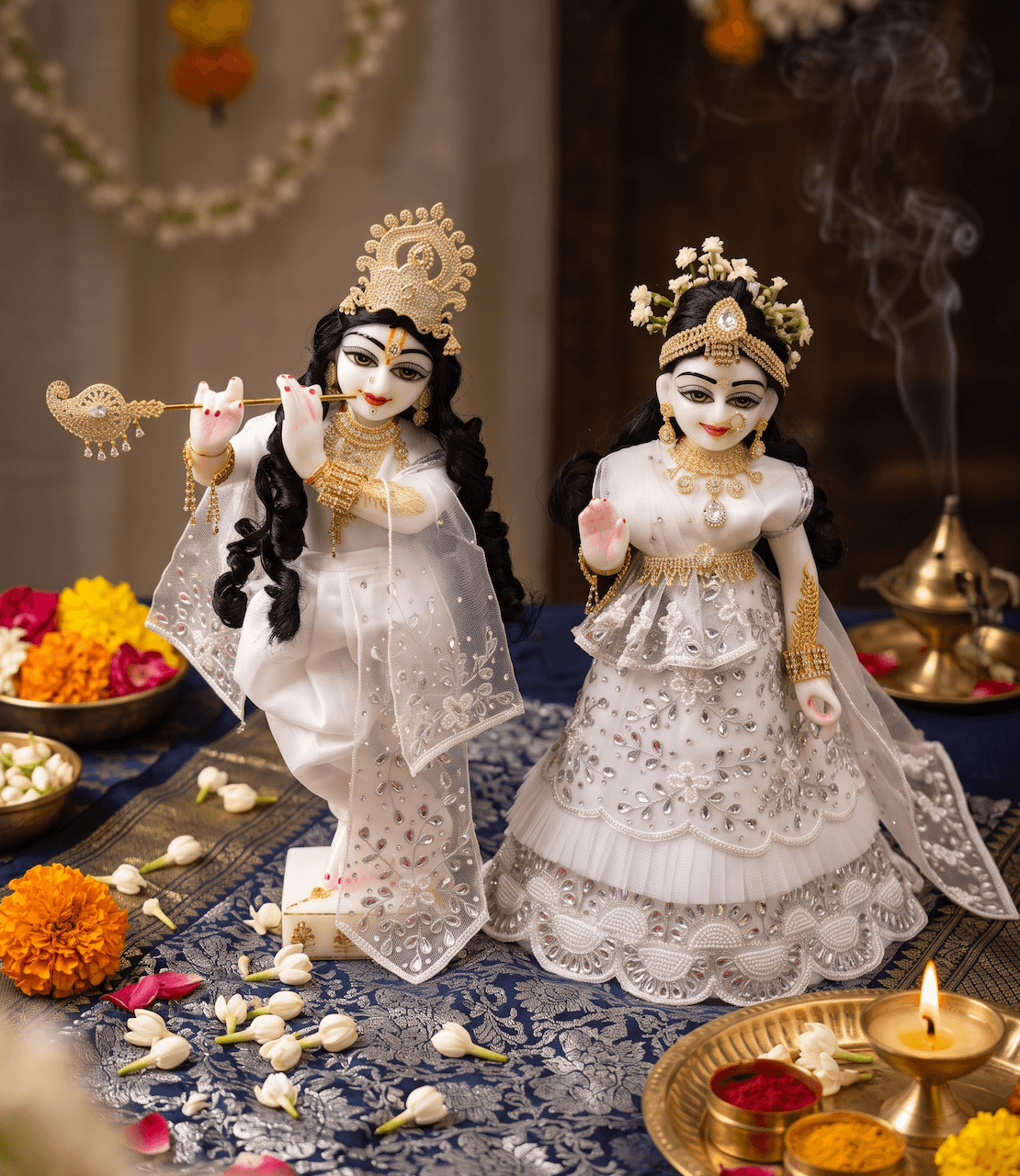 Handcrafted Pure White Pearl & Sequined Net Dual Deity Poshak Set — image 1
