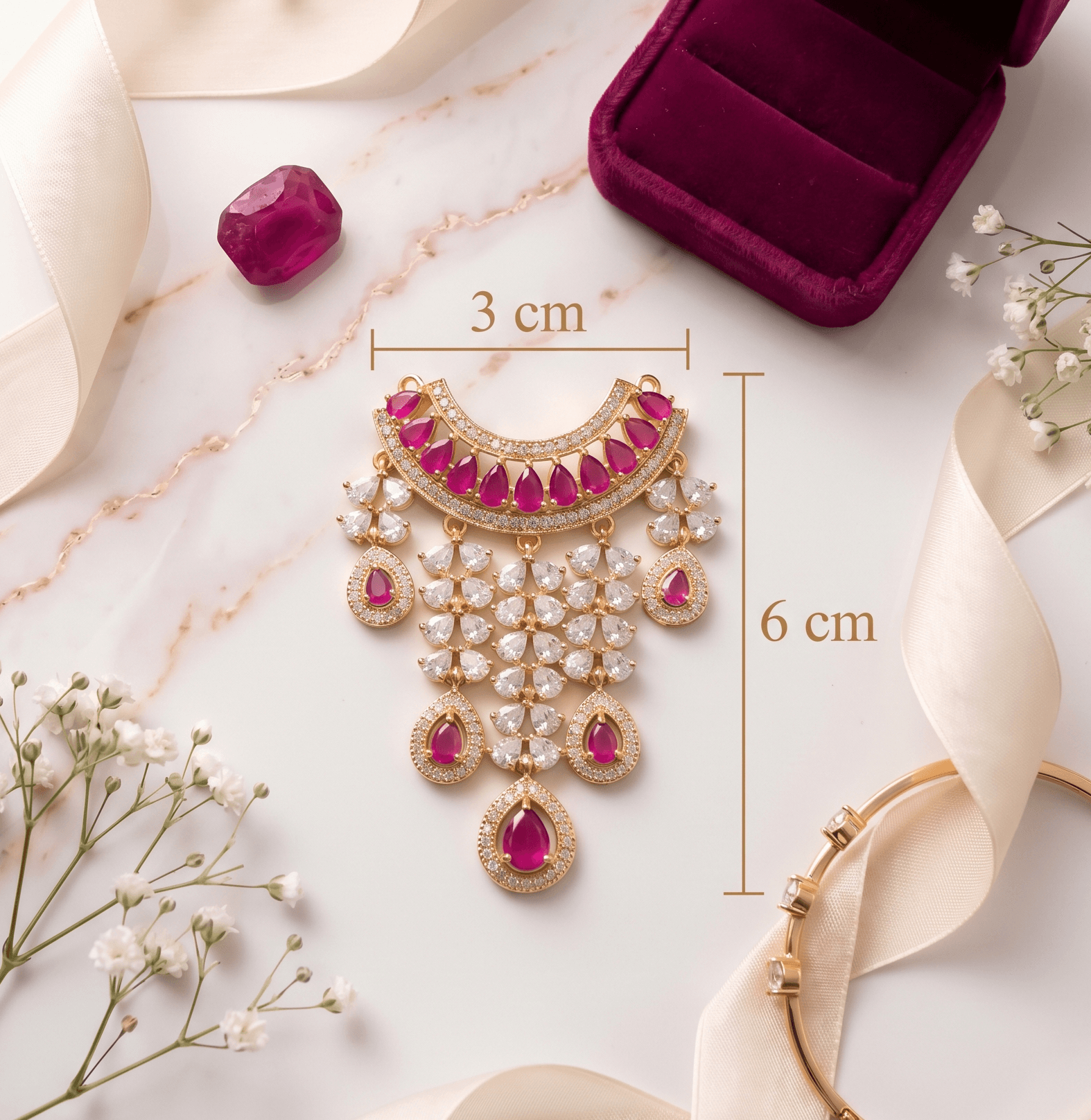 Handcrafted American Diamond (AD) Deity Hasli with Cascading Tear Drops - Ruby — image 2