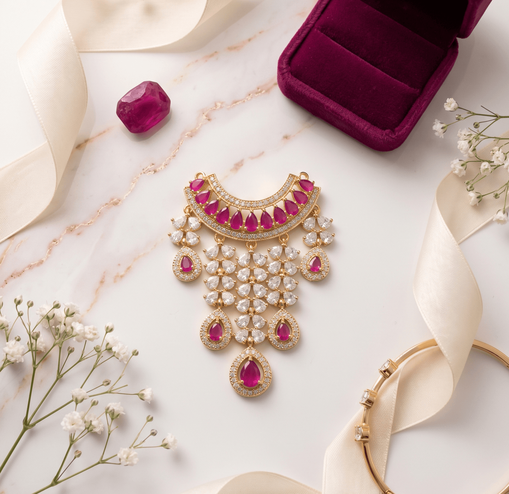 Handcrafted American Diamond (AD) Deity Hasli with Cascading Tear Drops - Ruby — image 1