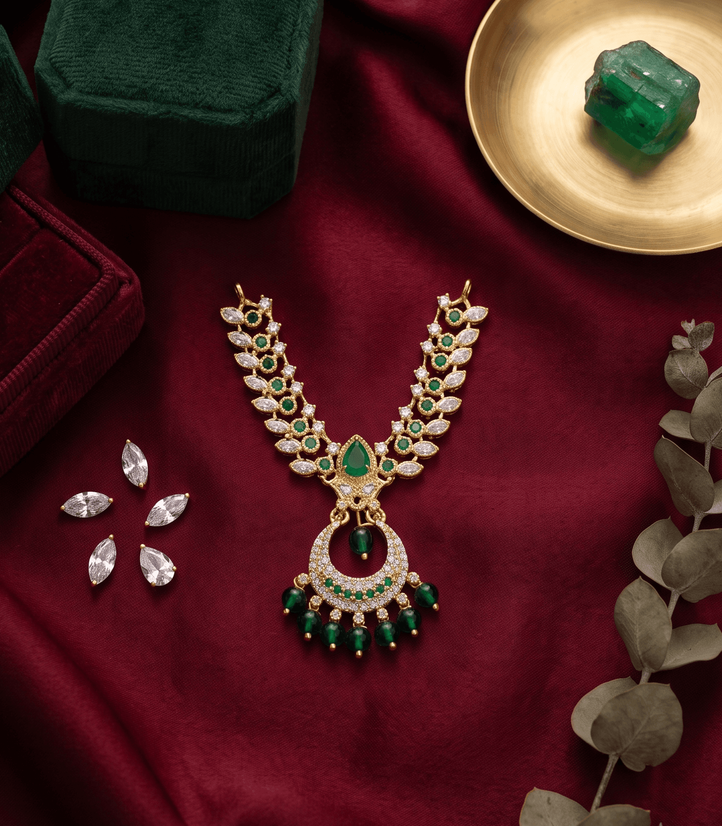 Handcrafted Gold-Plated AD & Pearl Crescent Pendant Deity Necklace for God Idols - Small / Green — image 1