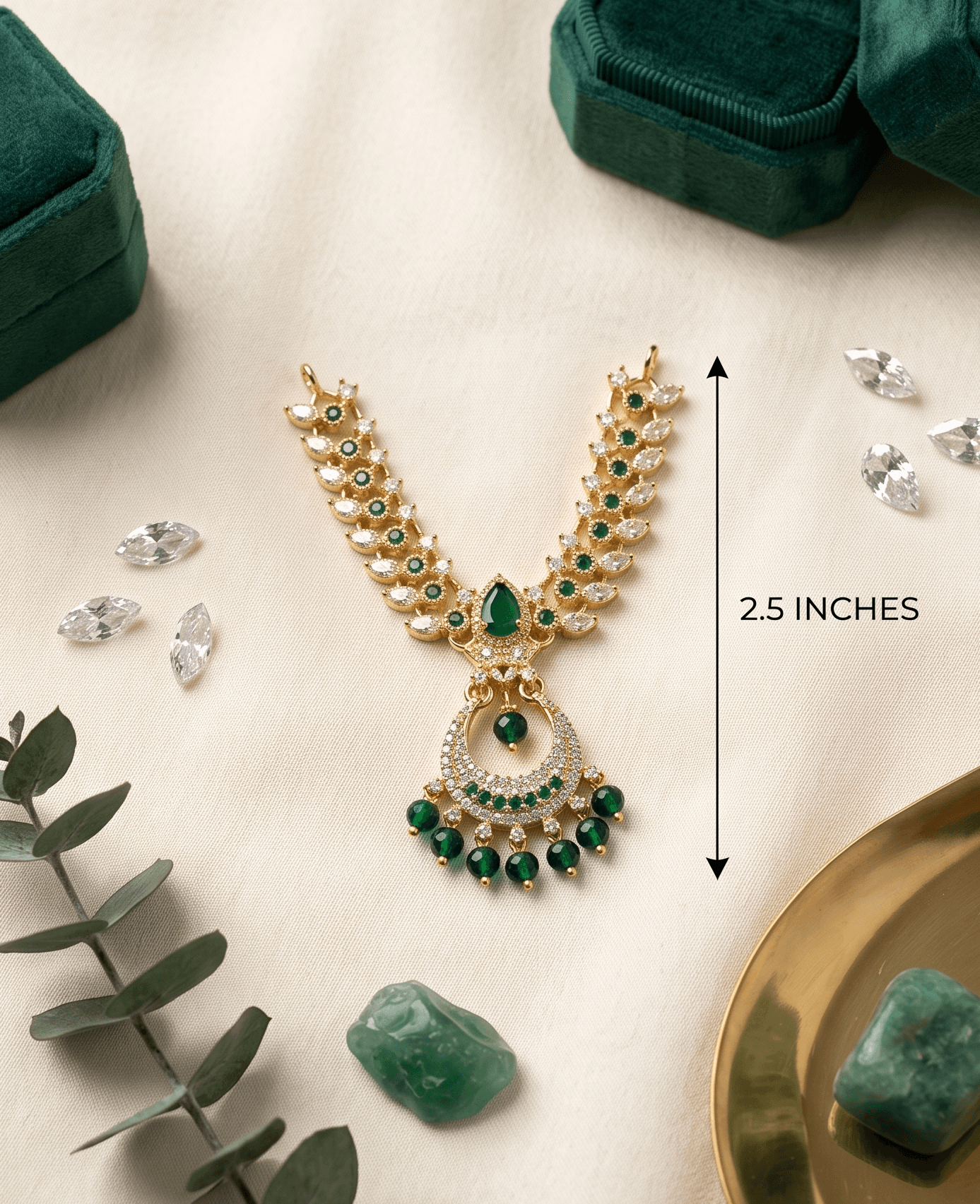 Handcrafted Gold-Plated AD & Pearl Crescent Pendant Deity Necklace for God Idols - Small / Green — image 2