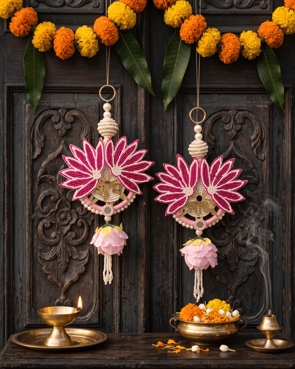 Handcrafted Pink & Magenta Lotus Shubh Labh Hanging Latkan Pair with Pearl Beads, Fabric Lotus Buds & Gold Calligraphy for Main Door Entrance, Diwali & Mandir Decor — image 1