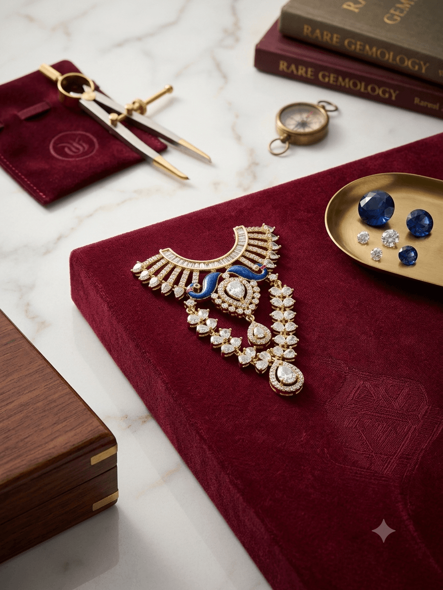 The Imperial Mayur: Designer Blue Enamel & CZ Diamond Deity Haar — image 1