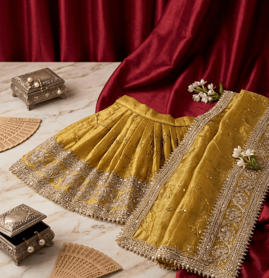 Handcrafted Silk Mata Rani Poshak Set with Heavy Lace & Chunri - 9 Inch / Yellow — image 1